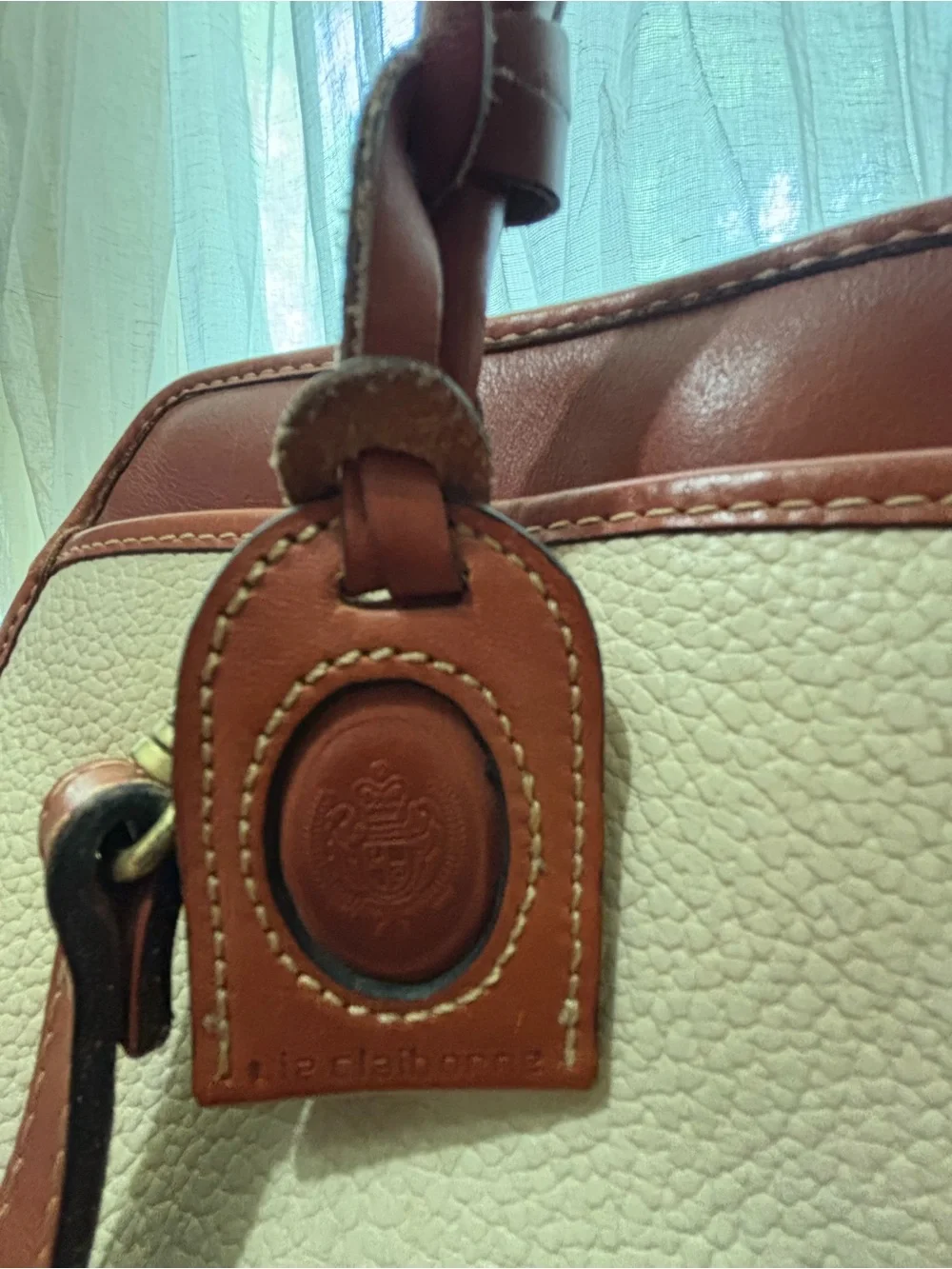 Vintage Liz Claiborne Leather Top-Handle Bag Cream and Brown & shoulder strap
